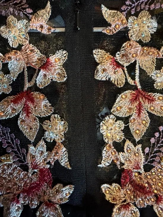 Xscape Black Evening Gown | Floral Sequin Embroidered Neckline | Size 8 - Picture 5 of 6